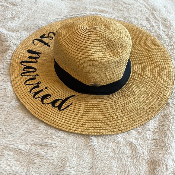 CC Exclusives Just Married Wide Brim Straw Floppy Hat with Ribbon Band - Picture 2 of 7